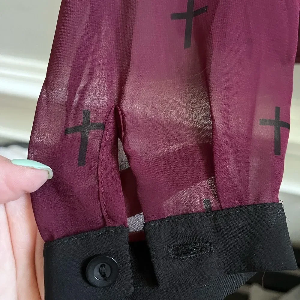 Poetry Burgundy & Black Crosses Sheer Blouse sz L - Picture 2 of 6